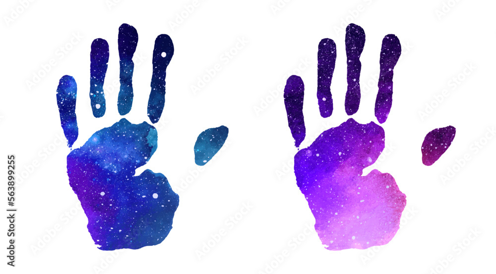 Hand galaxy print isolated on white background. Creative paint vector illustration