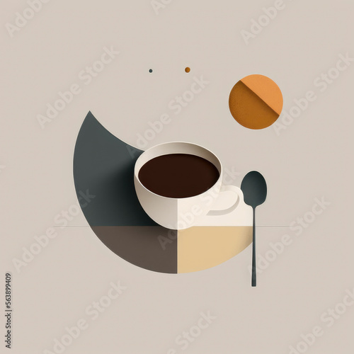 abstract graphic of coffee surrounded by abstract geometric shapes and spoon generative ai