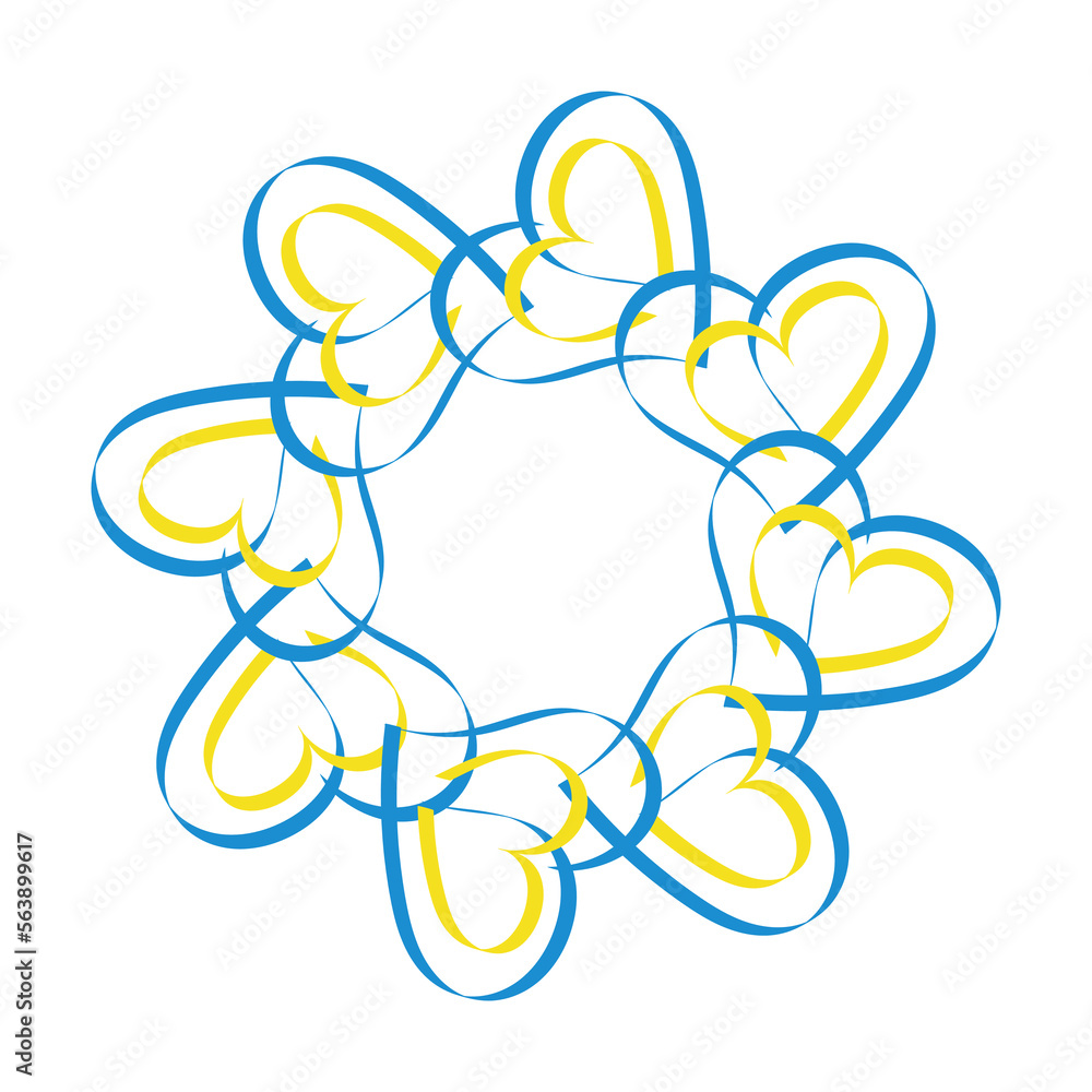 Blue and yellow heart in the shape of a circle. Colors of the flag of Ukraine. No war. Flag of Ukraine in the shape of a heart. Logo with Ukrainian national symbol Blue and yellow heart in the shape of a circle. Colors of the flag of Ukraine. No war. Flag of Ukraine in the shape of a heart. Logo with Ukrainian national symbol