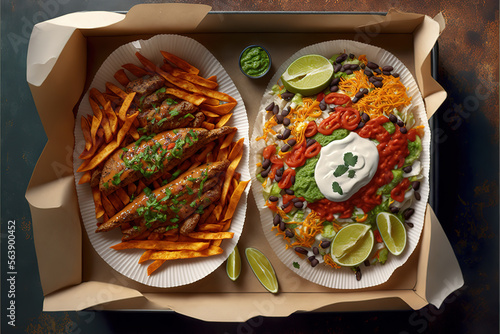 top down photo of carne asada fries and buffalo chicklen wings