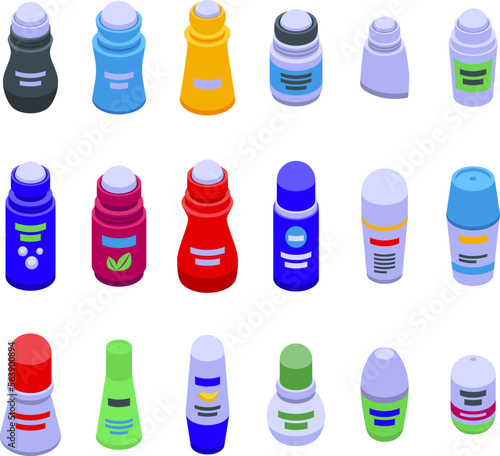 Roll-on deodorant icons set isometric vector. Spa skin. Fashion skin