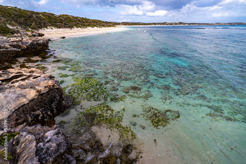 a panorama of paradise bay on rottnest island near perth in western australia  the beautiful bays and wild landscape of the island famous for its quokka