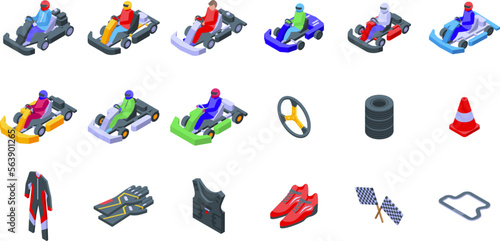 Kart racing icons set isometric vector. Car road. Sport go