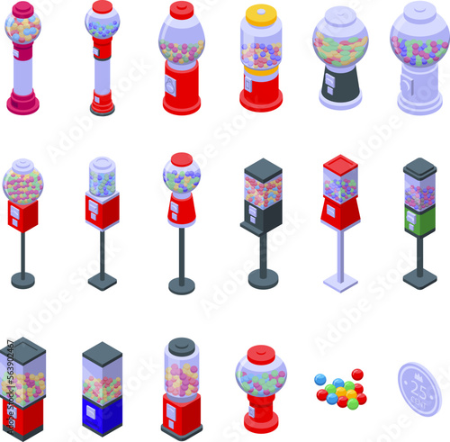 Bubblegum machine icons set isometric vector. Gum candy. Toy ball