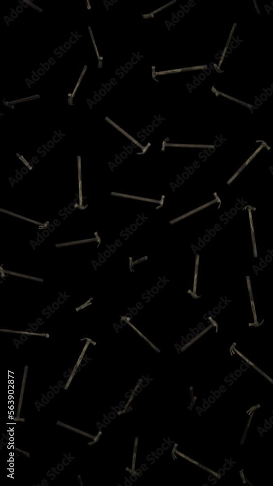 Vertically composed looping animation featuring a cloud of Rusty Claw Hammers falling endlessly an alpha transparent background. Vertically composed looping animation featuring a cloud of Rusty Claw Hammers falling endlessly an alpha transparent background.