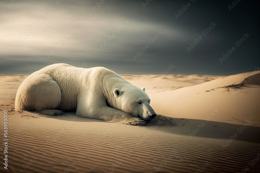 ours blanc au milieu du désert pour symboliser le réchauffement climatique - illustration ia