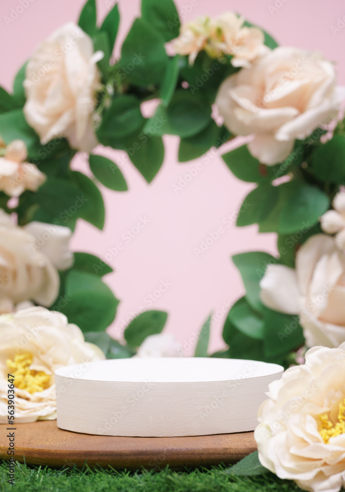 wood podium beige rose flowers on pink pastel background with space.beauty cosmetic skin care advertising stage,luxury romantic love valentines or mother gift, product pedestal platform stand display.