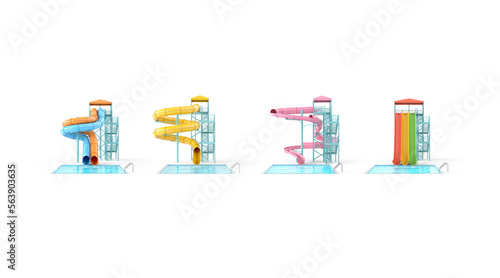 Blank colored waterslide with swimming pool mockup, different types photo
