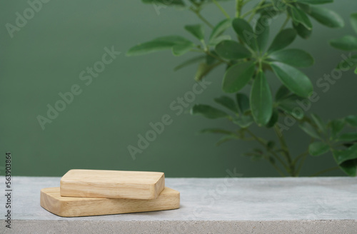 Fototapeta Naklejka Na Ścianę i Meble -  Wood podium on concrete table top floor tropical plant with blurred dark green background.b.Healthy natural product placement pedestal platform stand display, forest or jungle concept.
