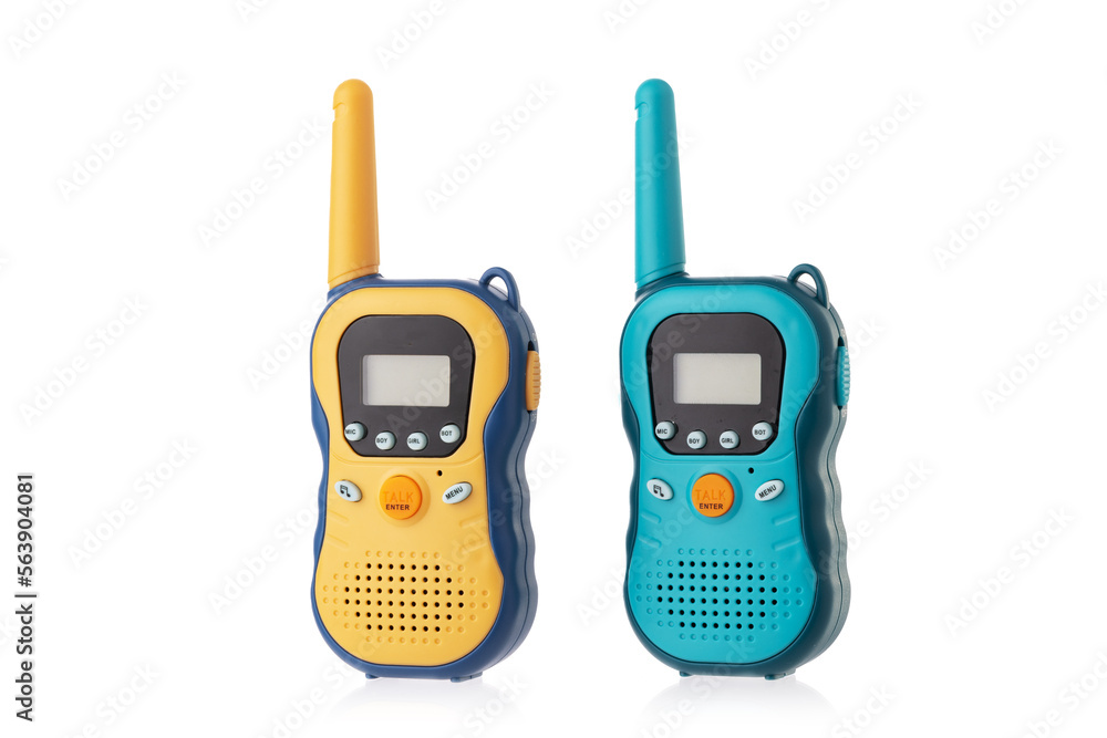 Portable radios Walkie talkie isolated on white background, color mobile phone kids toys Portable radios Walkie talkie isolated on white background, color mobile phone kids toys