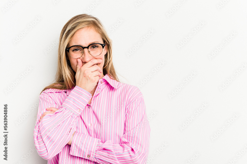 Young caucasian woman isolated on white background laughing happy, carefree, natural emotion.