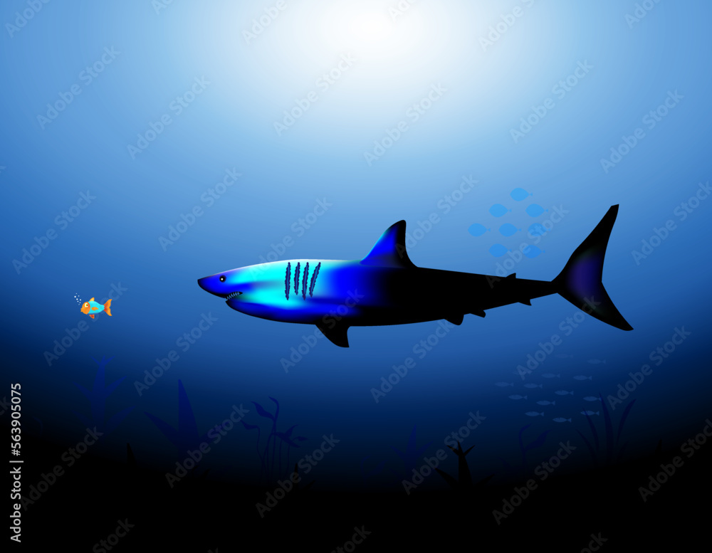 Obraz premium Big shark eating small fish at the underwater in a vector illustration. 