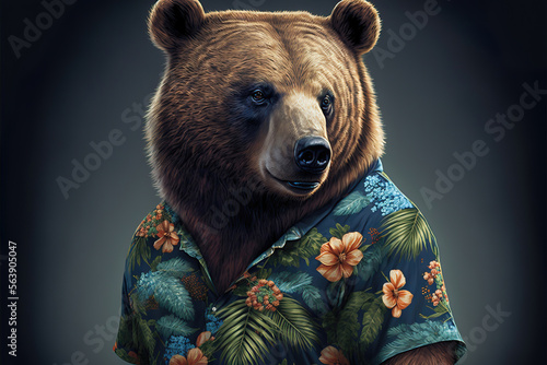 portrait of a brown bear in a hawaiian aloha shirt, generative ai