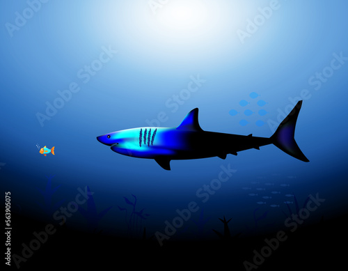 Big shark eating small fish at the underwater in a vector illustration. 