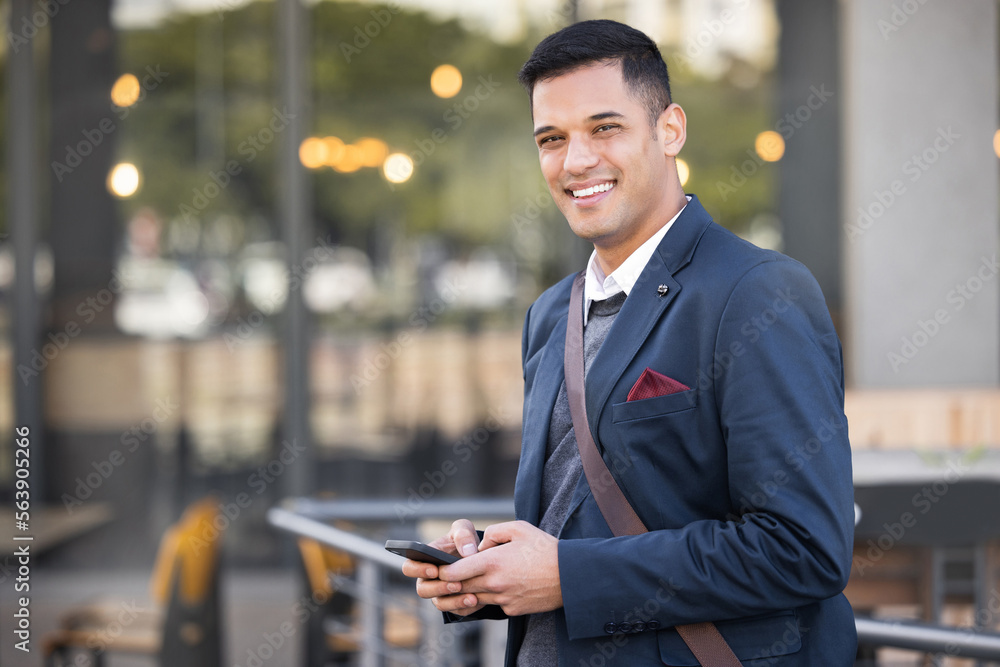 Phone, portrait and happy businessman in the city with success, leadership and confidence. Technology, mobile and professional corporate manager with a smile networking on a cellphone in the town. Phone, portrait and happy businessman in the city with success, leadership and confidence. Technology, mobile and professional corporate manager with a smile networking on a cellphone in the town.