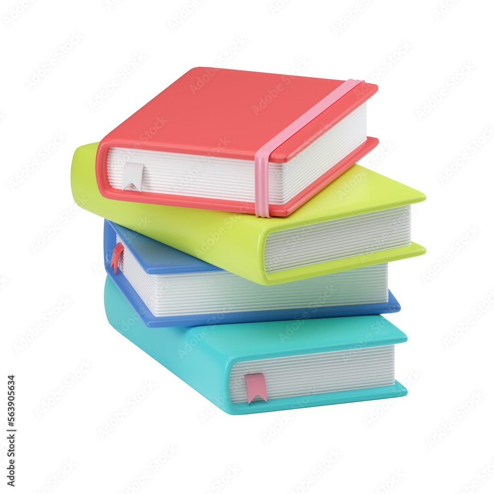 3D render of a stack of brightly colored books with a bookmark. A pile of textbooks, notebooks, books. A symbol of learning, school, business. Isolated illustration on a gray background. 3D render of a stack of brightly colored books with a bookmark. A pile of textbooks, notebooks, books. A symbol of learning, school, business. Isolated illustration on a gray background.