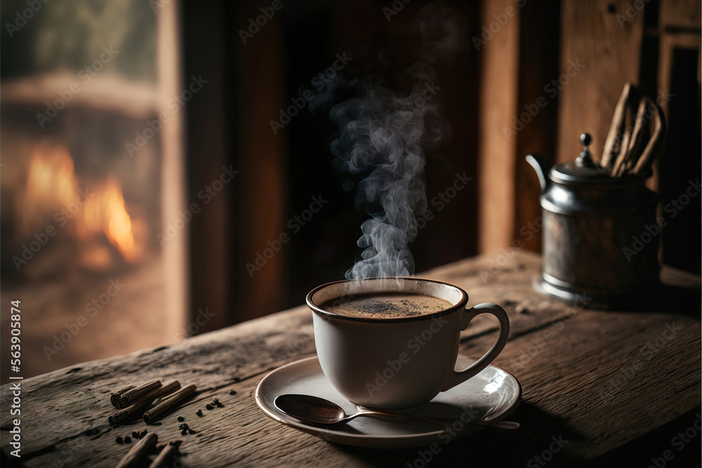 Fototapeta premium cup of coffee on the table in an old cozy rustic shed, generative ai