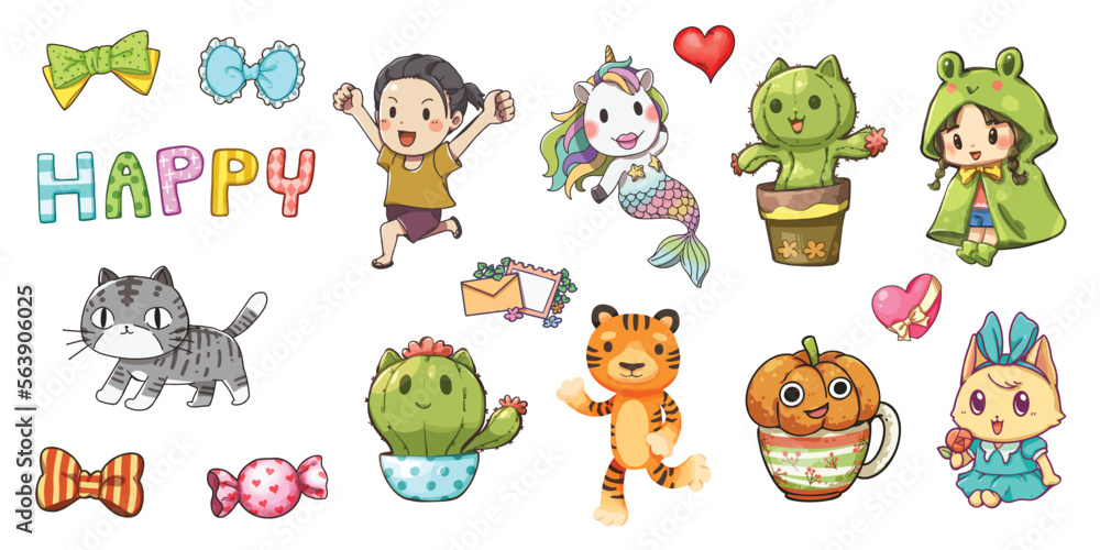 Fototapeta premium Set of cute design element cartoon on a white background, cartoon illustration of kid, animal and other cute elements. characters cartoon for perfect use on T Shirts, bags, and other printed media.