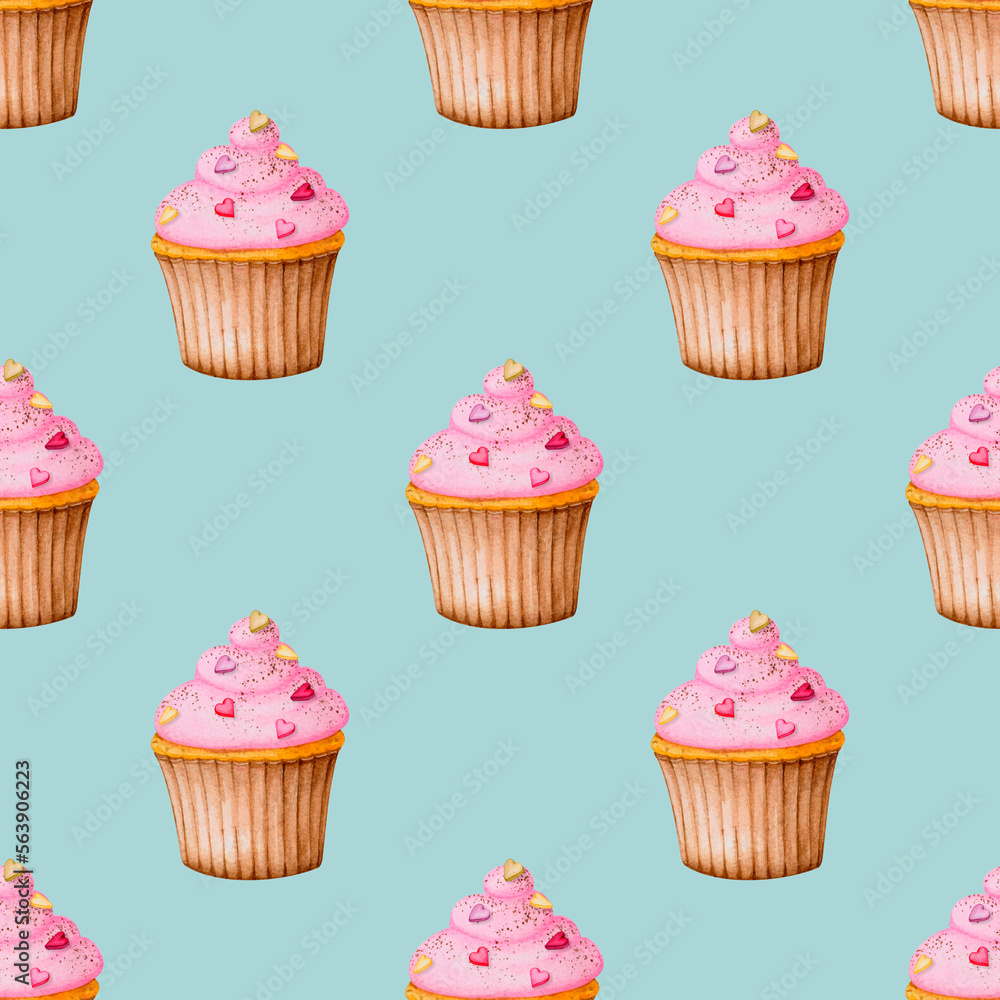 Seamless pattern with cupcakes on a blue background. Watercolor design for Valentine's Day, Birthday, Wedding, Anniversary. Ideal for printing on packaging, wrapping, stationery, fabrics, textiles.. Seamless pattern with cupcakes on a blue background. Watercolor design for Valentine's Day, Birthday, Wedding, Anniversary. Ideal for printing on packaging, wrapping, stationery, fabrics, textiles..