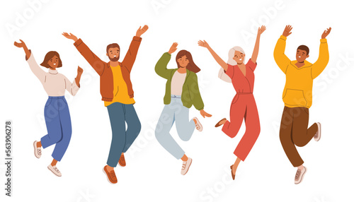 Group of happy people jumping. Men and women in casual clothes celebrating and dancing. Vector illustration