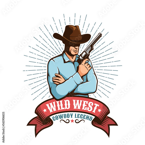 Western Cowboy with gun - retro badge. Wild west vintage emblem with gunfighter. Vector illustration