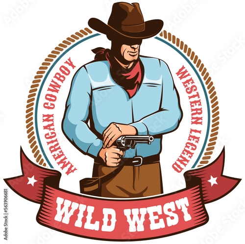 Cowboy retro badge. Western vintage emblem with wild west cowboy. Vector illustration