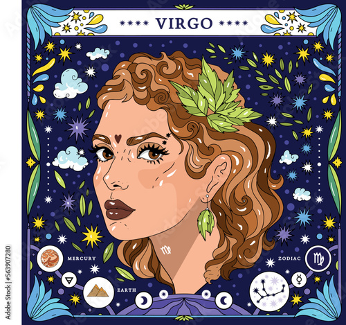 Virgo sign of the zodiac. Modern magical astrological map. Magical girl, stars, moon, constellation, hand-drawn signs. Vector illustration