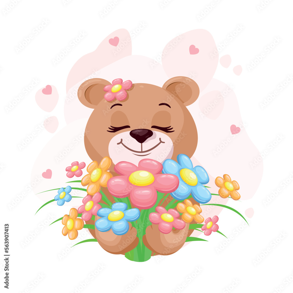 Enamored cute teddy bear girl with a bouquet of flowers in cartoon style. Happy Valentine's Day greeting card. Vector illustration. Enamored cute teddy bear girl with a bouquet of flowers in cartoon style. Happy Valentine's Day greeting card. Vector illustration.
