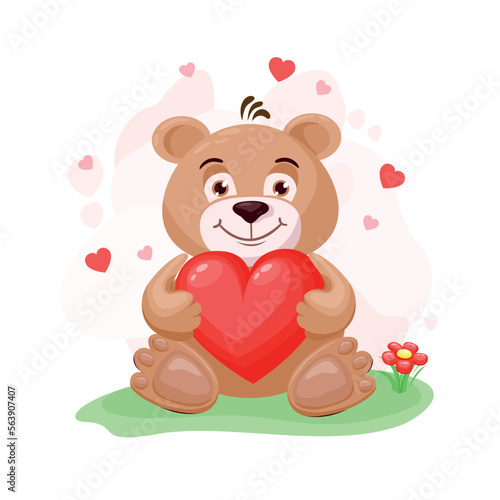 cute teddy bear in love with a red heart in a cartoon style. Happy Valentine's Day greeting card. Vector illustration.