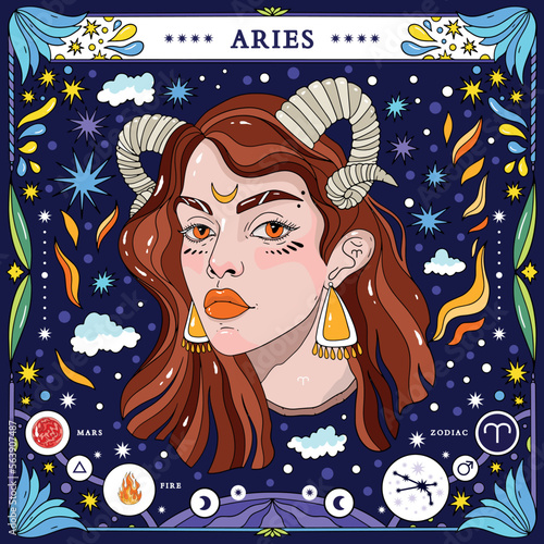 Aries sign of the zodiac. Modern magical astrological map. Magical girl, stars, moon, constellation, hand-drawn signs. Vector illustration