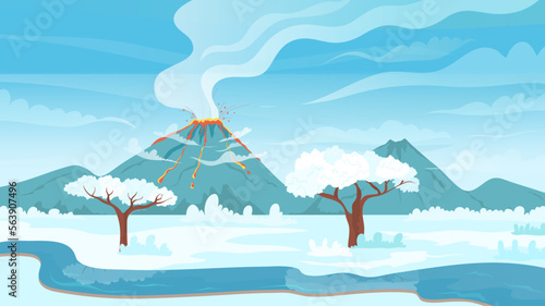 Volcano landscape with snow in winter vector illustration. Cartoon frozen scenery with mountains and active exploding volcano, trees and river, eruption with volcanic gas, lava and fire on horizon