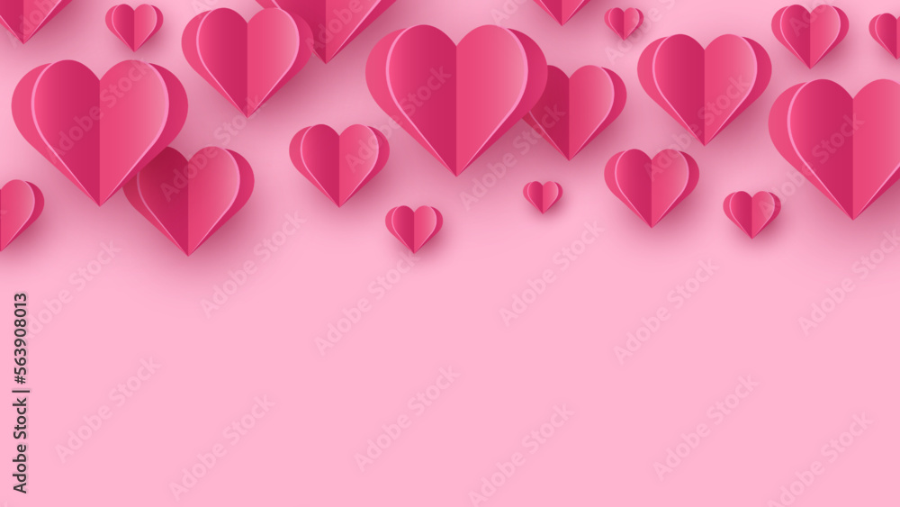Floating hearts on pink background.  Paper cut decoration. Design for Valentine’s Day. Vector illustration.