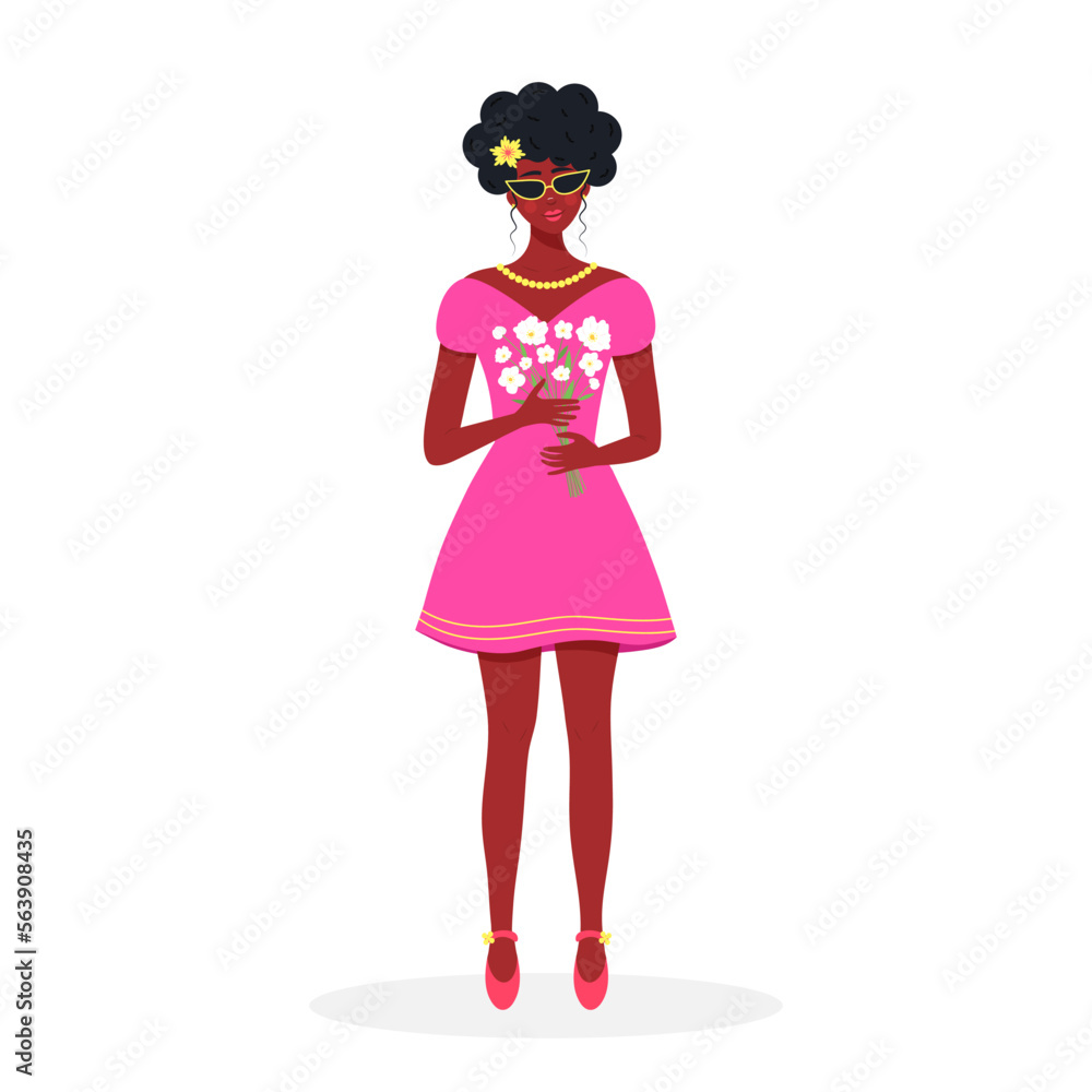 Beautiful african girl with a bouquet of flowers. Black girl in a cute dress and glasses isolated on white background. Beautiful african girl with a bouquet of flowers. Black girl in a cute dress and glasses isolated on white background.