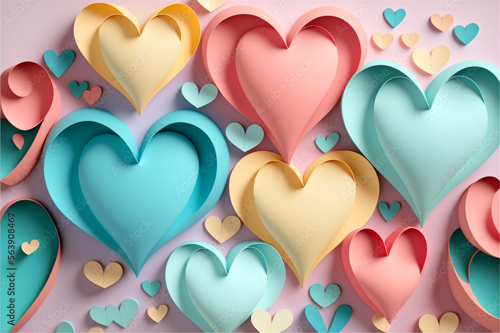 Valentine hearts background. Pastel color paper hearts various colors and size. AI generative