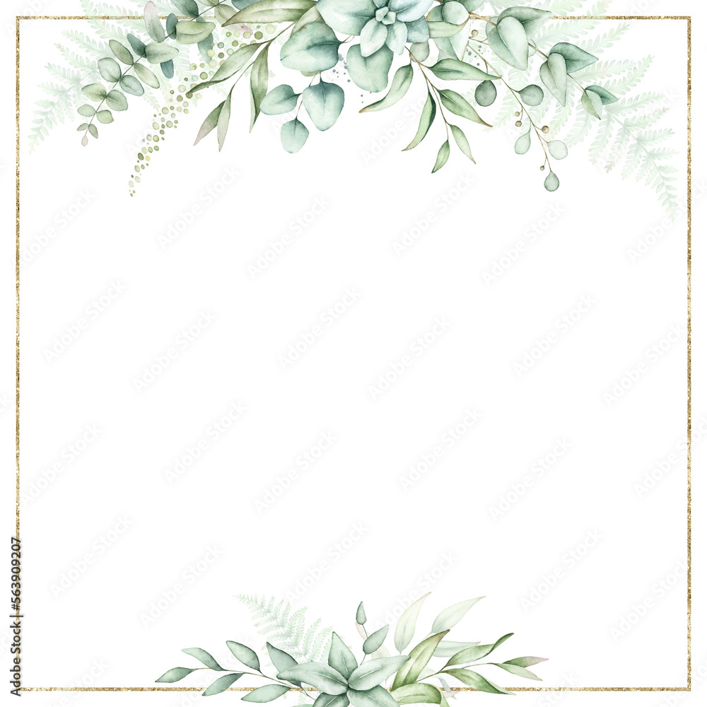 Watercolor floral frame with green eucalyptus leaves.