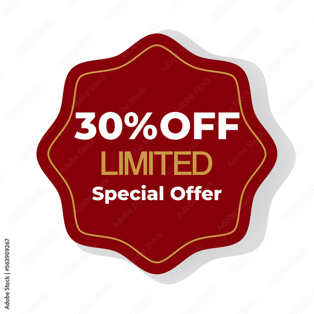 30 % off inscription Special offer golden color Limited with red abstract figure on white background. Vector illustration 30 % off inscription Special offer golden color Limited with red abstract figure on white background. Vector illustration