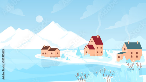 Winter snow village landscape vector illustration. Cartoon snowy scenery with road to farm houses and frozen garden trees, cold countryside scene with nature and cottages of European valley in winter