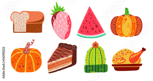 Autumn food cartoon style icons  design vector collection set. Halloween thanksgiving holiday symbol. Bread, strawberry, pumpkin, watermelon, turkey, hat, cake illustration.