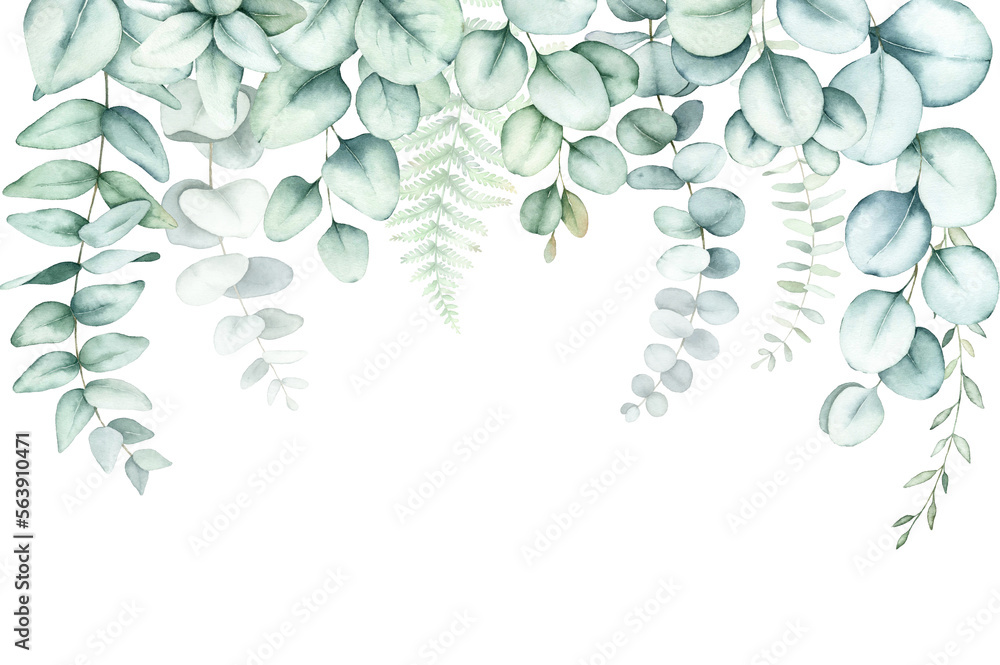 Floral border with green eucalyptus leaves. Floral border with green eucalyptus leaves.