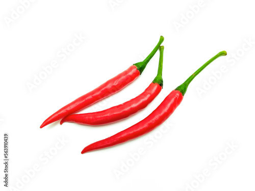 Fresh red chili, green stem, organic spicy flavor Can be used to cook a variety of spicy dishes such as papaya salad and various chili pastes.  put on a white background.