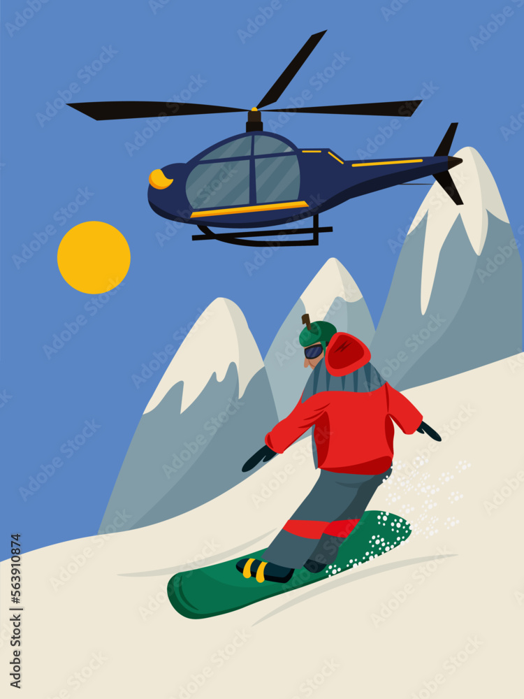 Snowboarder on the slope of the mountain. Heli ski. Winter sports. Skiing. Freeride. Vector illustration Snowboarder on the slope of the mountain. Heli ski. Winter sports. Skiing. Freeride. Vector illustration