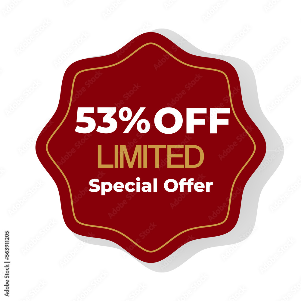 53 % off inscription Special offer golden color Limited with red abstract figure on white background. Vector illustration 53 % off inscription Special offer golden color Limited with red abstract figure on white background. Vector illustration