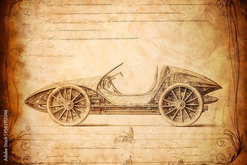 Sketch of vintage car prototype design, Leonardo da Vinci inspired, generative ai
