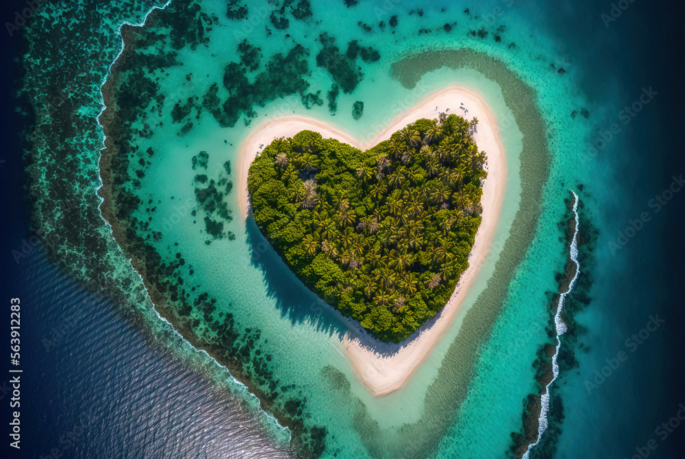 Tropical island in heart shape, aerial view, generative ai Tropical island in heart shape, aerial view, generative ai