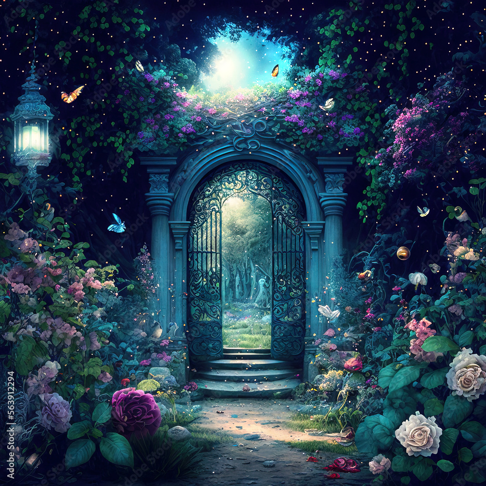 Magic fairytale garden with arch and stairs, generative ai Stock  Illustration