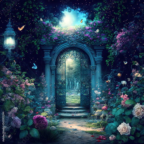 Magic fairytale garden with arch and stairs, generative ai Fototapet