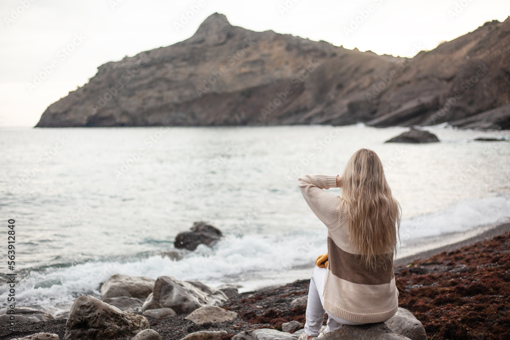 The back view of the woman, a girl with hinged hair admires beautiful nature sea or ocean and rocks