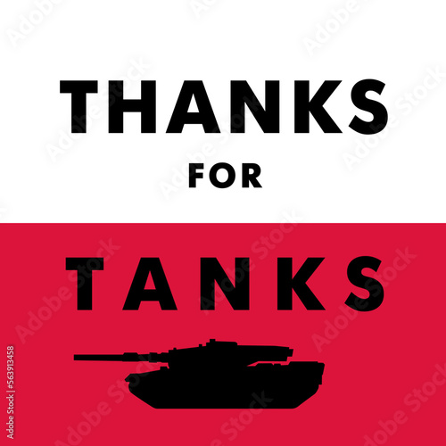 Thanks for tanks Poland. Give leopard to Ukraine, social media banner. Polish flag and lettering. Vector illustration 