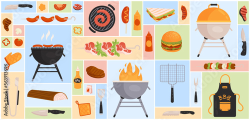 Cartoon meat and vegetables barbecue food with sauces, fork knife and skewer tools and grill equipment in square collage background. Picnic, summer party meals concept. BBQ set vector illustration.