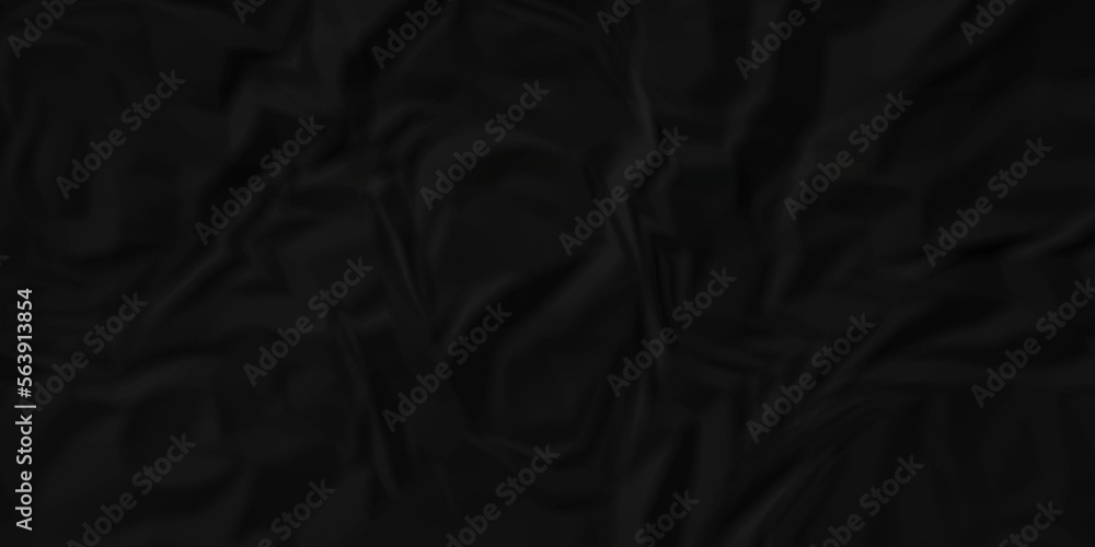 Fototapeta premium Dark Black facbric paper backdrop crumpled texture. dark black textured crumpled black paper background. panorama black paper texture background, crumpled pattern.
